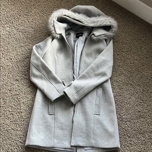 Express Light Gray Hooded Trench Coat with Faux Fur
